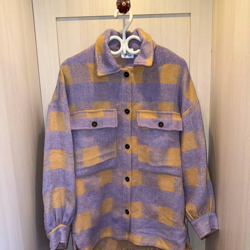Princess Polly-Plaid Button-Up Jacket in Purple and Tan